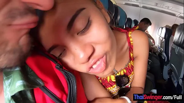 Thai teen girlfriend on an airplane and on boyfriends big cock in the hotel