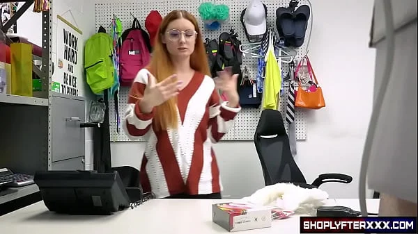 Sexy nerdy girl and thief can't leave the store in her Halloween costume because she is caught by the security guard who fucks her hard in her wet and tight pussy to set her free.