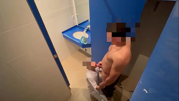 I surprise the gym cleaning girl who when she comes in to clean the toilet she catches me jerking off and helps me finish cumming with a blowjob