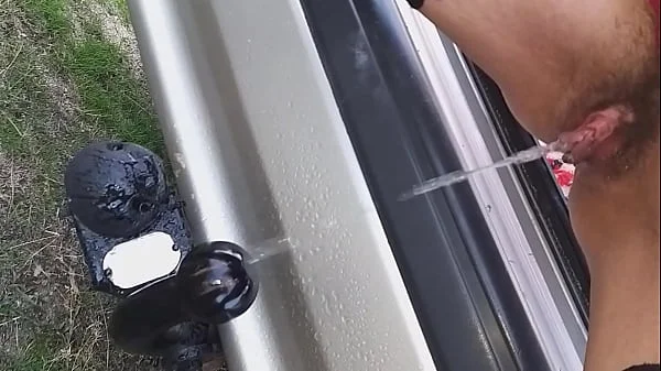 Twice pissing Retro Car TOW BAR before ORGASMIC FUCK it