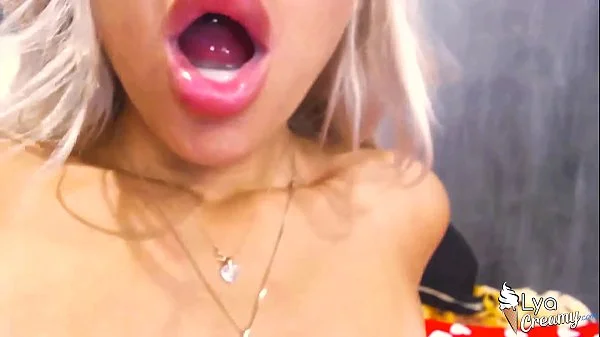 Girl Sensual Blowjob and Licking Balls until Oral Creampie - Closeup