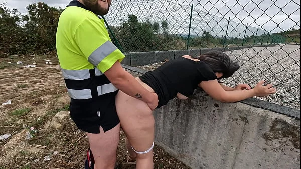 Construction worker fucks curious girl and cums inside.