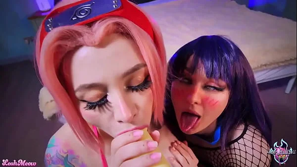 Hinata and Sakura Practice Anal Jutsu and Suck Horse Cock until they Cum on their Faces. Leah Meow