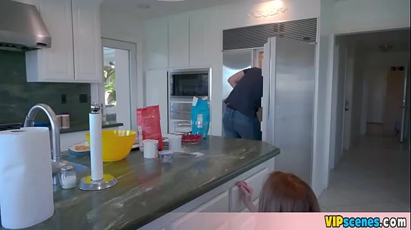 Extra small redhead teen Madie Collins is misbehaving in the kitchen again