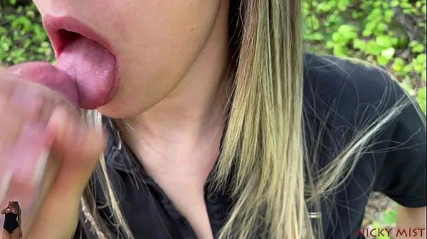 Stranger was with girl in the woods POV blowjob she swallow his cum