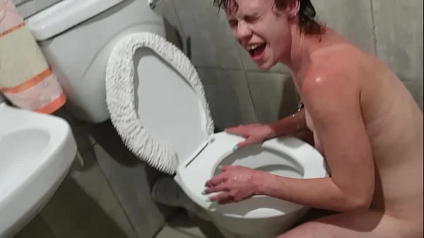 HUMAN TOILET slut PISSES on her own face while head in toilet | humiliation