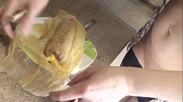 In stockings in high heels no panties and bra sexy MILF Frina continues her nude cooking. Hot and cold minced meat roll on the menu today