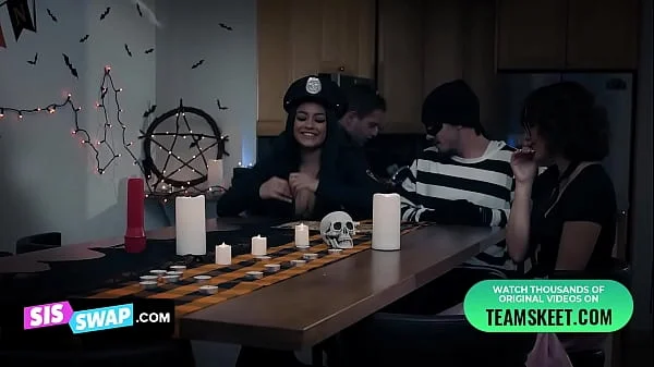 Halloween Orgy With Leana Lovings and Serena Santos and Their Horny Stepbros